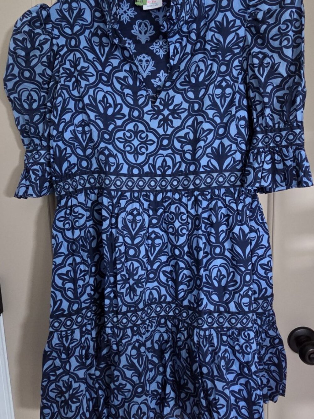Gretchen Scott Dress Blue Print Ruffneck 3/4 sleeves Cotton Sz Med